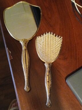 Gold Hand Mirror and Hair Brush Set - Vintage Style